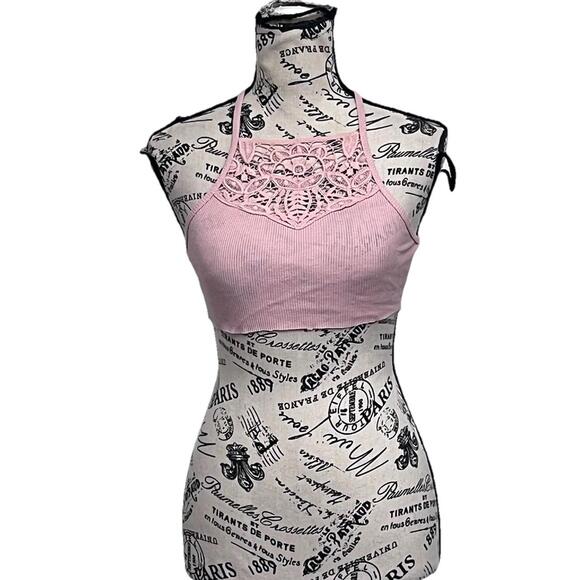 Aeropostale Pink Ribbed Lace Halter Crop Top XS Y2K Bralette Coquette Festival - Picture 2 of 9